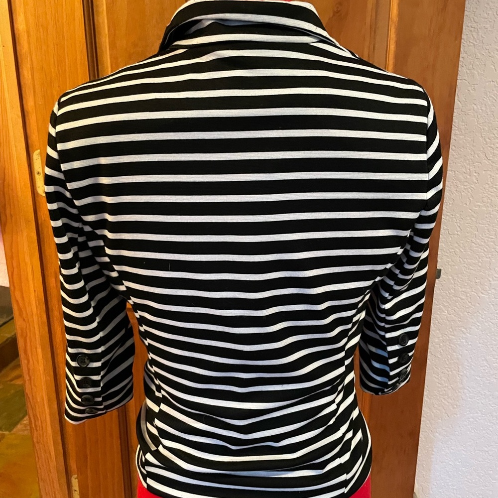 French Black and White stripes, mid length on arms, one button, fitted, pockets